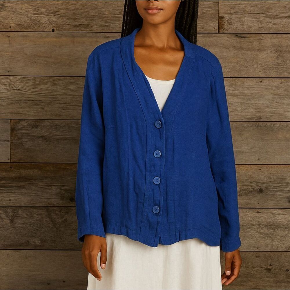 Flax linen blue button front jacket pockets size 1G (XL)